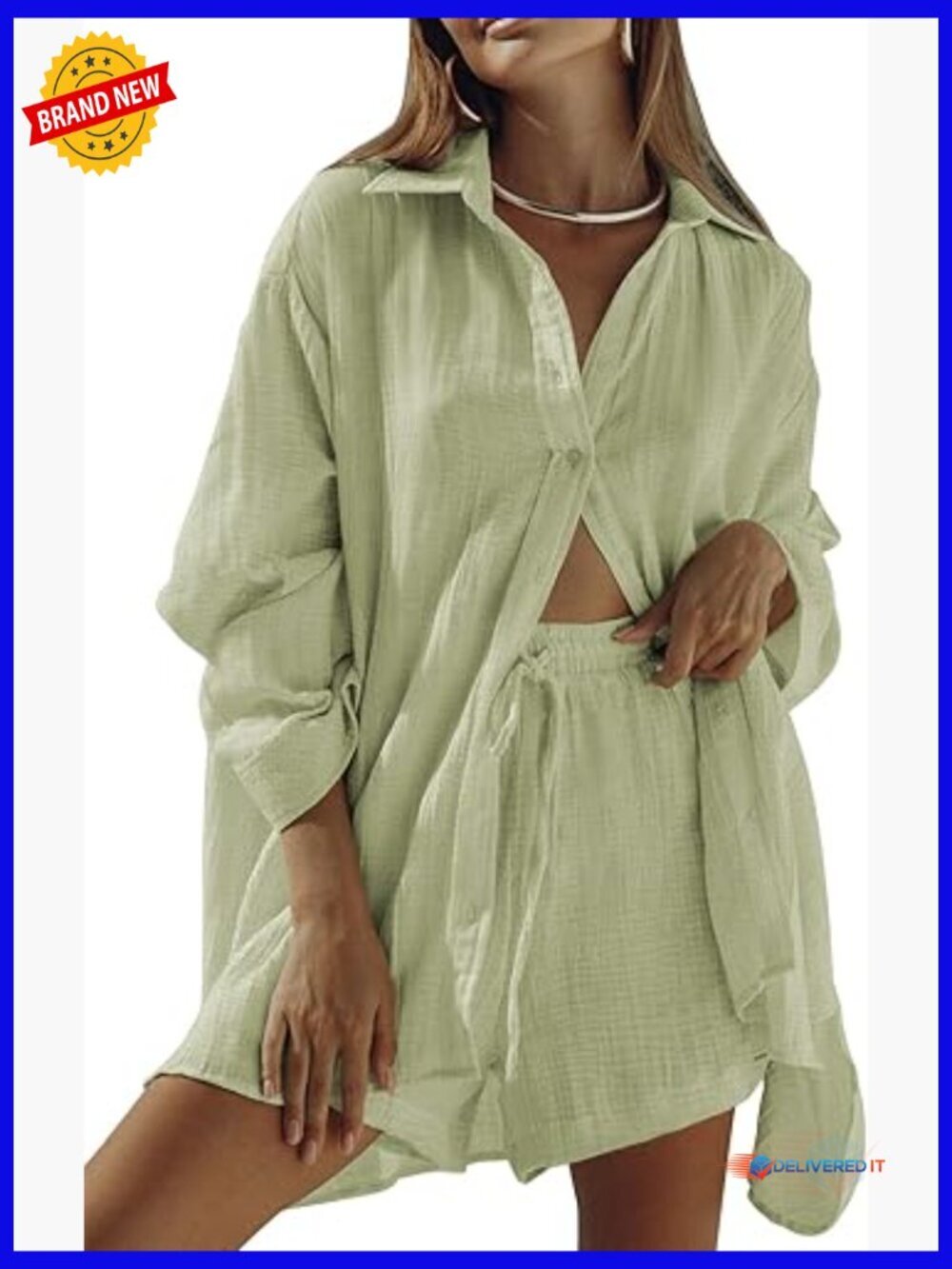 Women's 2 Piece Long Sleeve Button Down Blouse & Shorts Set